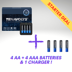 Starter Combo - 4 TENAVOLTS AA and 4 TENAVOLTS AAA Lithium Rechargeable Batteries, plus 2 chargers